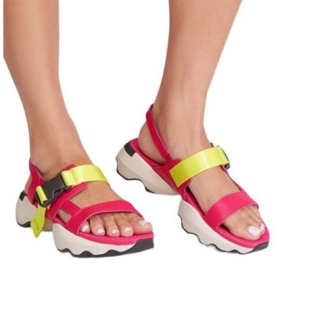 SOREL Leather Kinetic Impact Sling Comfort Sandals Bright Pink and Yellow Size 9